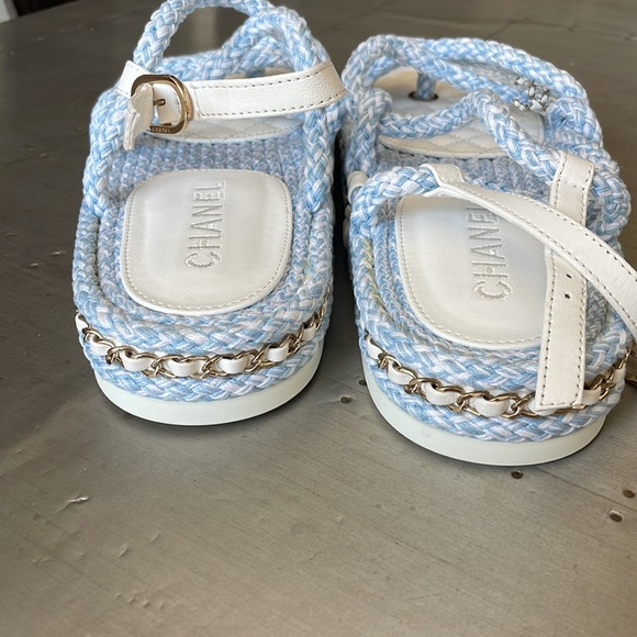 Chanel cord blue white chain charm sandal rope flats sz 39 with box $1425 - Picture 6 of 10